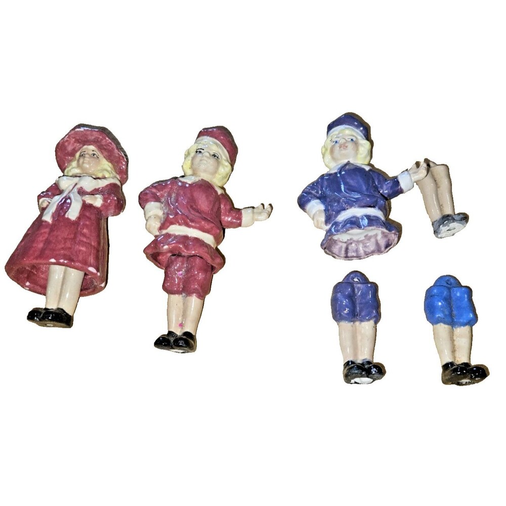 3 VTG Porcelain Boy & Girl Bell Ornaments Hanging Dolls Dangling Legs plus extra